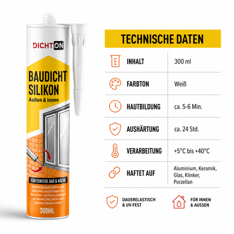 D.33W Baudicht Silikon für Fenster, Bad & Küche außen & innen
