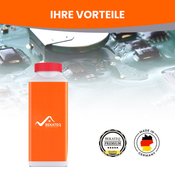 Orangene Flasche, BEKATEQ-Logo, Zertifikate.