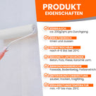 Malerrolle streicht Wand, daneben Produktinformationen und Eigenschaften.