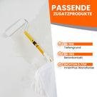 Maler streicht Wand mit Farbroller, passende Zusatzprodukte aufgelistet.