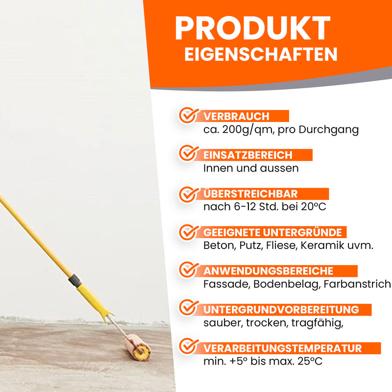 Malerrolle auf Boden mit Produktinformationen und Eigenschaften.