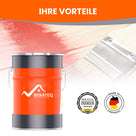 Farbeimer mit Pinsel und Logos.