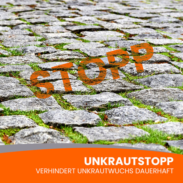 Pflastersteine mit Unkraut, Aufschrift "STOPP", Produktname "UNKRAUTSTOPP".