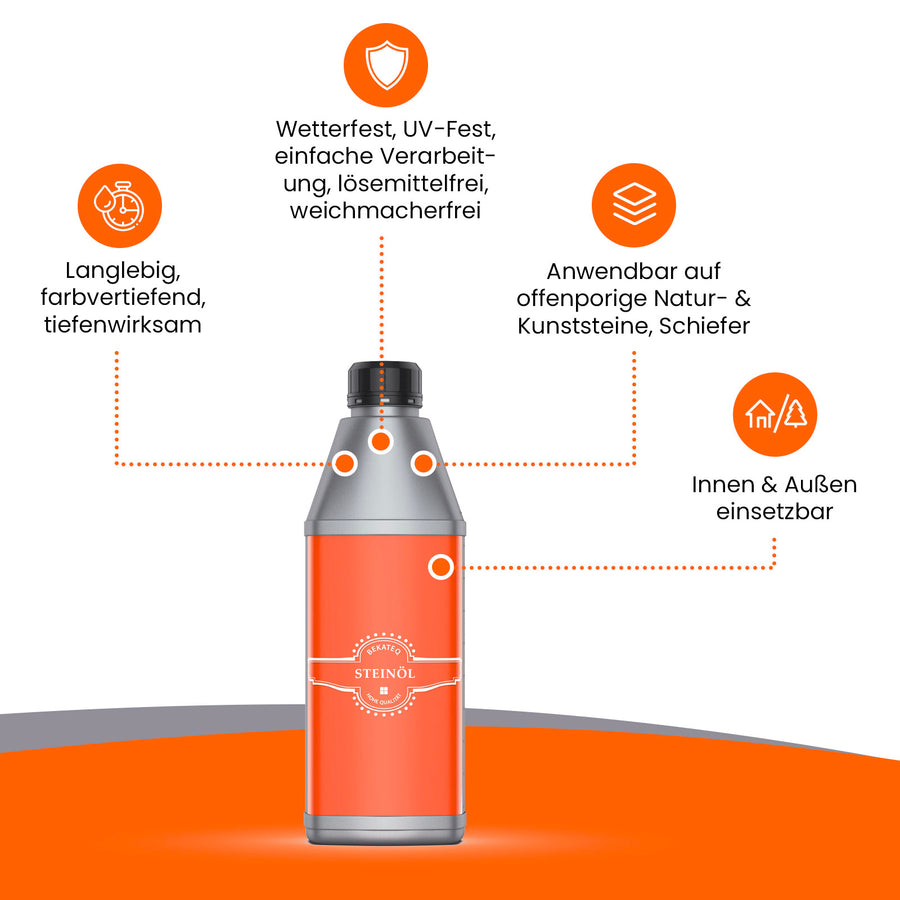 Flasche mit Steinöl und Informationen.