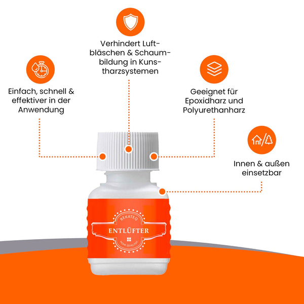 Flasche Entlüfter für Kunstharzsysteme mit Anwendungshinweisen.