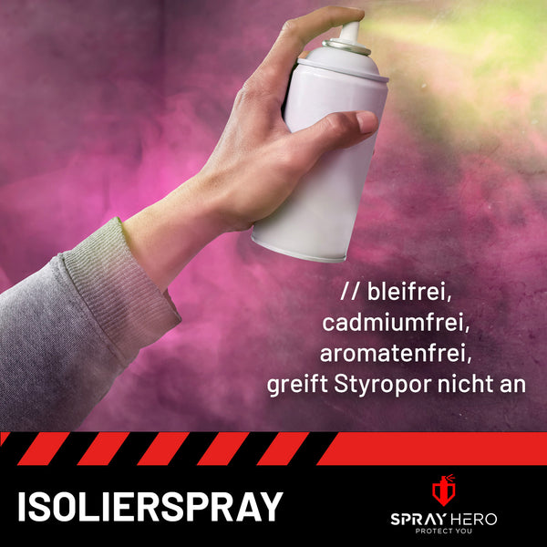 Hand hält Spraydose, Text: "ISOLIERSPRAY", Marke: Spray Hero.